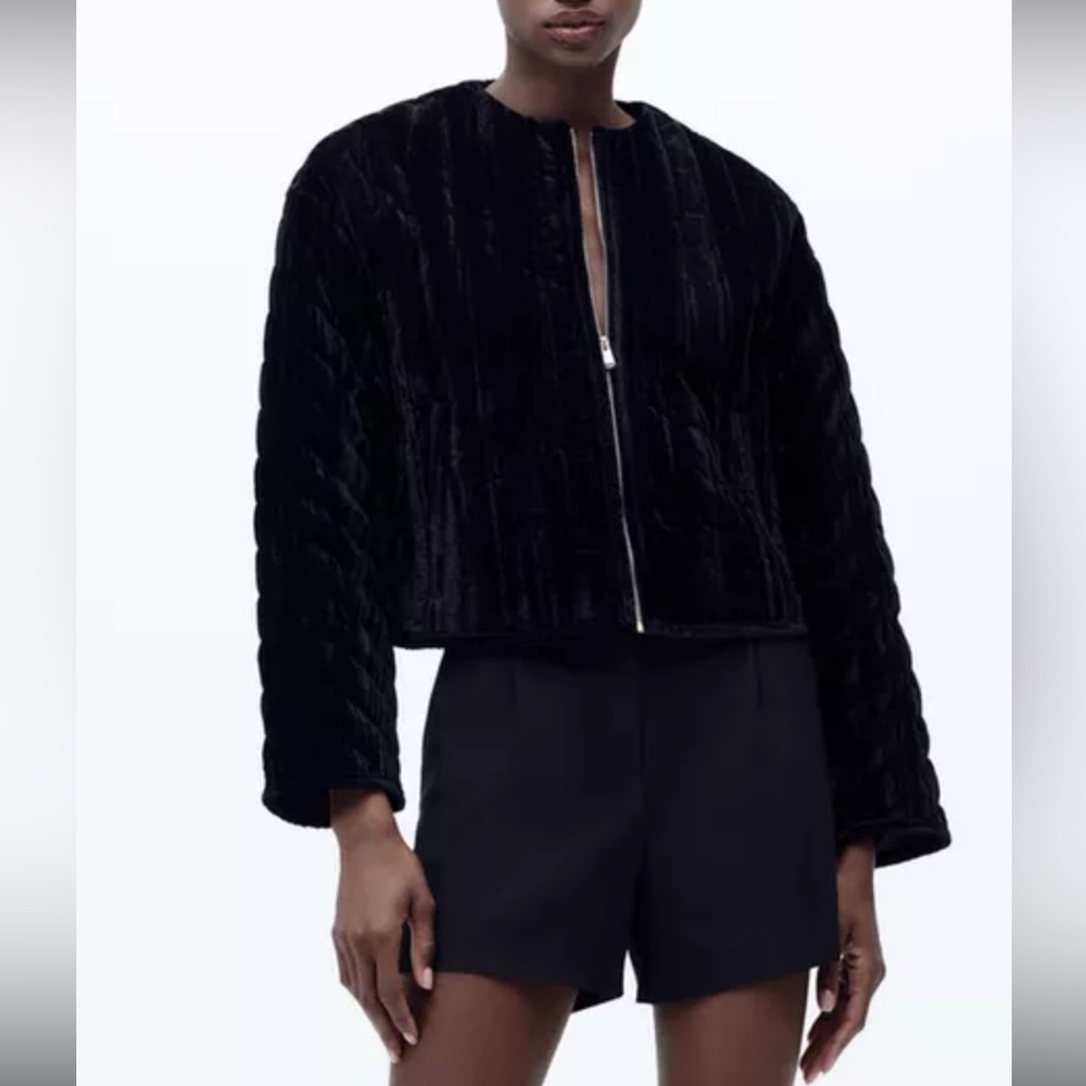 Zara Quilted Velvet Jacket in Black - medium